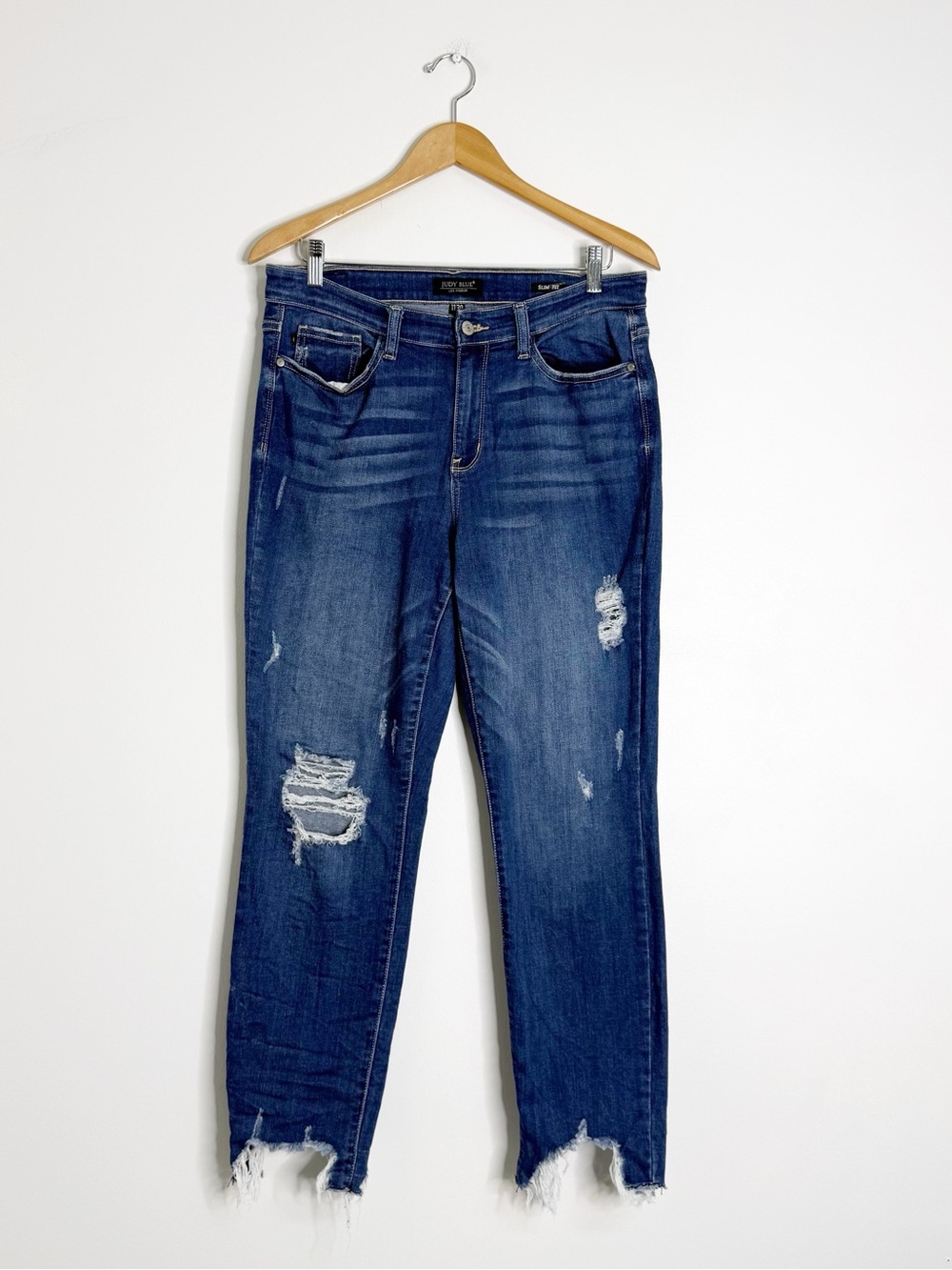 Judy Blue Slim Fit Distressed Jeans Size 11/30 Dark Wash Raw Hem